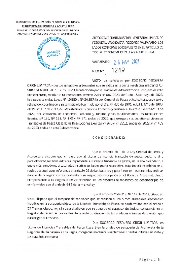 Res. Ex. N° 1249-2023, Autoriza Cesión Anchoveta y Sardina Común Regiones de Valparaíso de Los Lagos. (Publicado en Página Web 26-05-2023)