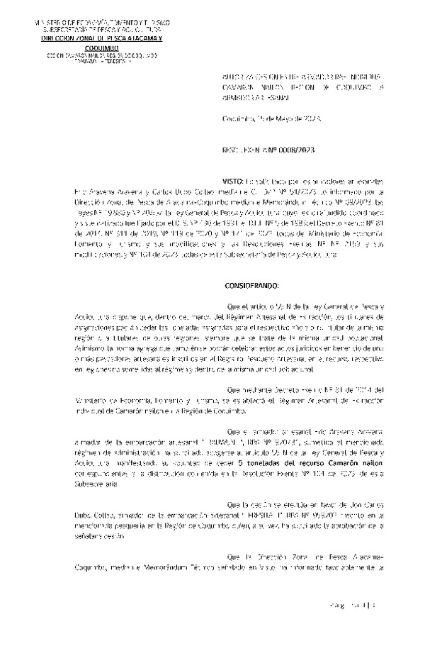 Res. Ex. N° 0008-2023 (DZP Atacama y Coquimbo) Autoriza cesión Camarón nailon, Región de Coquimbo. (Publicado en Página Web 31-05-2023)