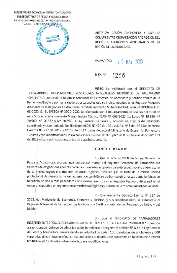 Res. Ex. N° 1266-2023 Autoriza Cesión de Anchoveta y sardina común, Región del Biobío a Región de La Araucanía. (Publicado en Página Web 31-05-2023)