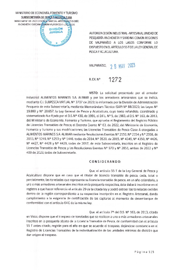 Res. Ex. N° 1272-2023, Autoriza Cesión Sardina común, Regiones de Valparaíso de Los Lagos. (Publicado en Página Web 02-06-2023)