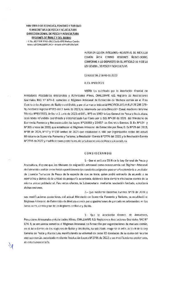 Res. Ex. N° 069-2023 (DZP Ñuble y del Biobío) Autoriza cesión Merluza Común. (Publicado en Página Web 05-06-2023)