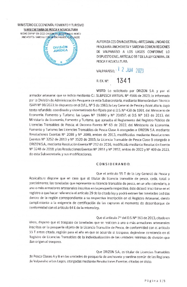 Res. Ex. N° 1341-2023, Autoriza Cesión Anchoveta y Sardina común, Regiones de Valparaíso de Los Lagos. (Publicado en Página Web 13-06-2023)