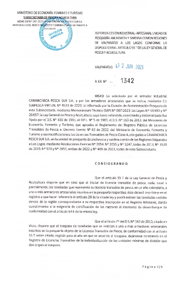 Res. Ex. N° 1342-2023, Autoriza Cesión Anchoveta y Sardina común, Regiones de Valparaíso de Los Lagos. (Publicado en Página Web 14-06-2023)
