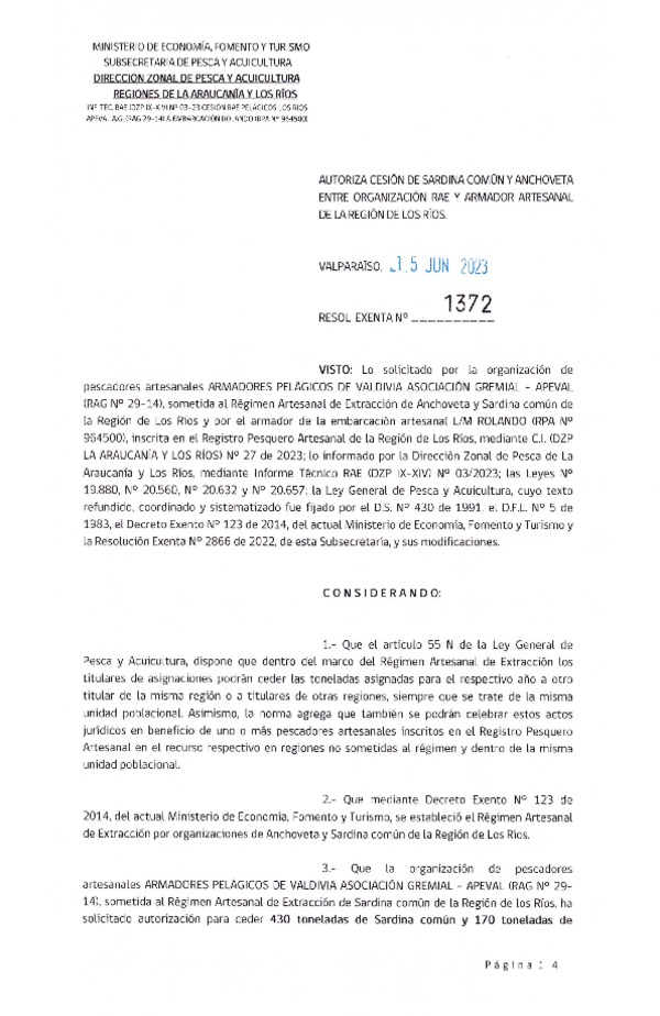 Res. Ex N° 1372-2023, Autoriza cesión Anchoveta y Sardina Común Región de Los Ríos. (Publicado en Página Web 16-06-2023).