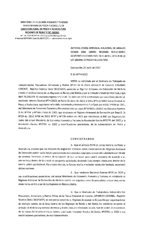 Res. Ex. N° 074-2023 (DZP Ñuble y del Biobío) Autoriza cesión Merluza Común. (Publicado en Página Web 20-06-2023)