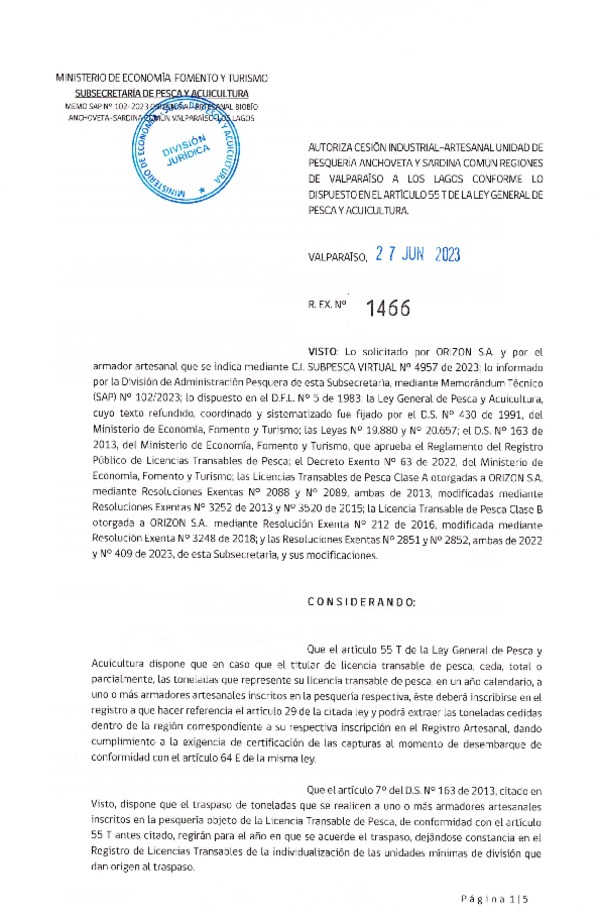 Res. Ex. N° 1466-2023, Autoriza Cesión Anchoveta y Sardina común, Regiones de Valparaíso de Los Lagos. (Publicado en Página Web 29-06-2023)