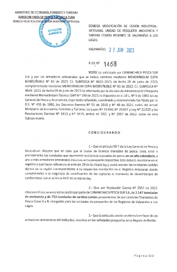 Res. Ex. N° 1468-2023,Deniega modificación de cesión Anchoveta y Sardina común, Regiones de Valparaíso de Los Lagos. (Publicado en Página Web 29-06-2023)