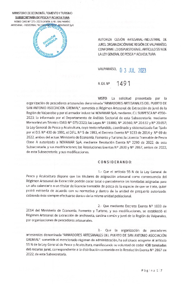 Res. Ex N° 1491-2023, Autoriza Cesión de Jurel Región de Valparaíso. (Publicado en Página Web 05-07-2023).
