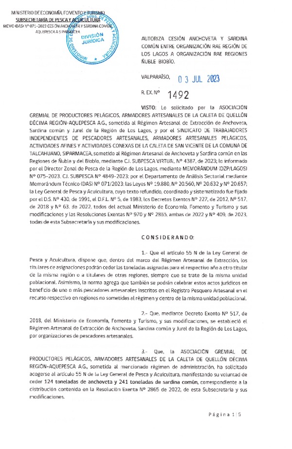 Res. Ex N° 1492-2023, Autoriza cesión Anchoveta y Sardina Común Región de Los Lagos a Ñuble - Biobío. (Publicado en Página Web 05-07-2023).