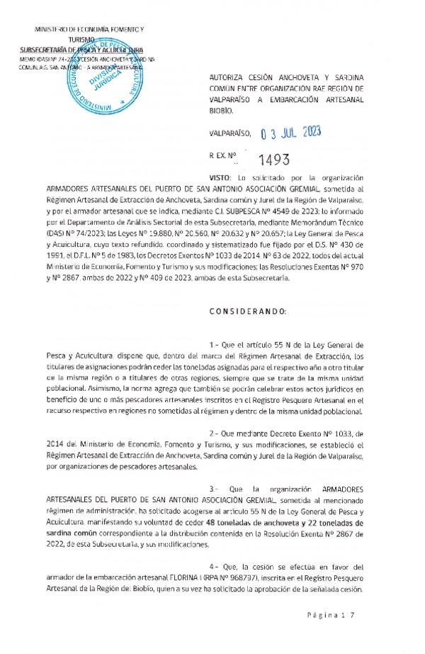 Res. Ex N° 1493-2023, Autoriza cesión Anchoveta y Sardina Común Región de de Valparaíso a Biobío. (Publicado en Página Web 05-07-2023).