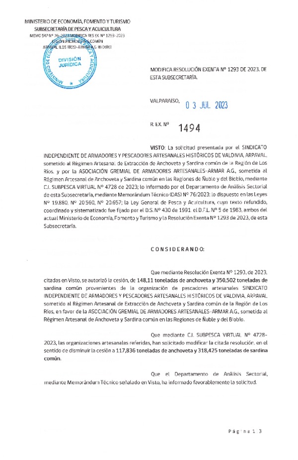 Res. Ex. N° 1494-2023 Modifica Res. Ex N° 1293-2023, Autoriza cesión Anchoveta y Sardina Común Región de Los Ríos a Ñuble-Biobío. (Publicado en Página Web 05-07-2023).