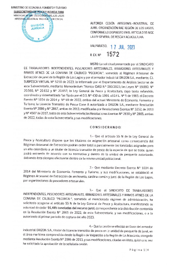 Res. Ex N° 1572-2023, Autoriza Cesión de Jurel Región de Los Lagos. (Publicado en Página Web 17-07-2023).
