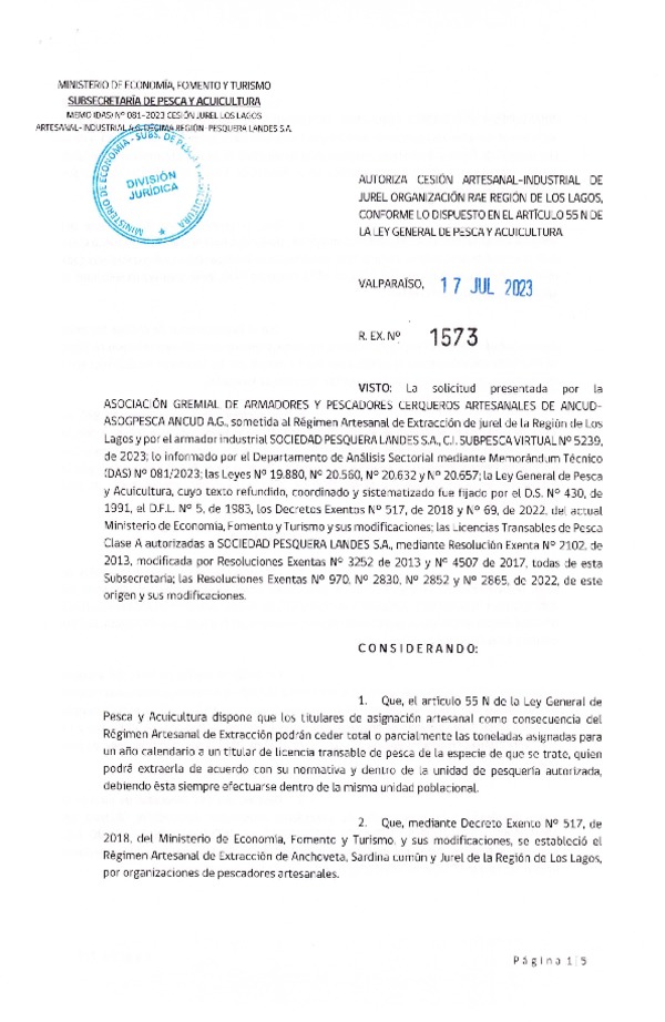 Res. Ex N° 1573-2023, Autoriza Cesión de Jurel Región de Los Lagos. (Publicado en Página Web 17-07-2023).