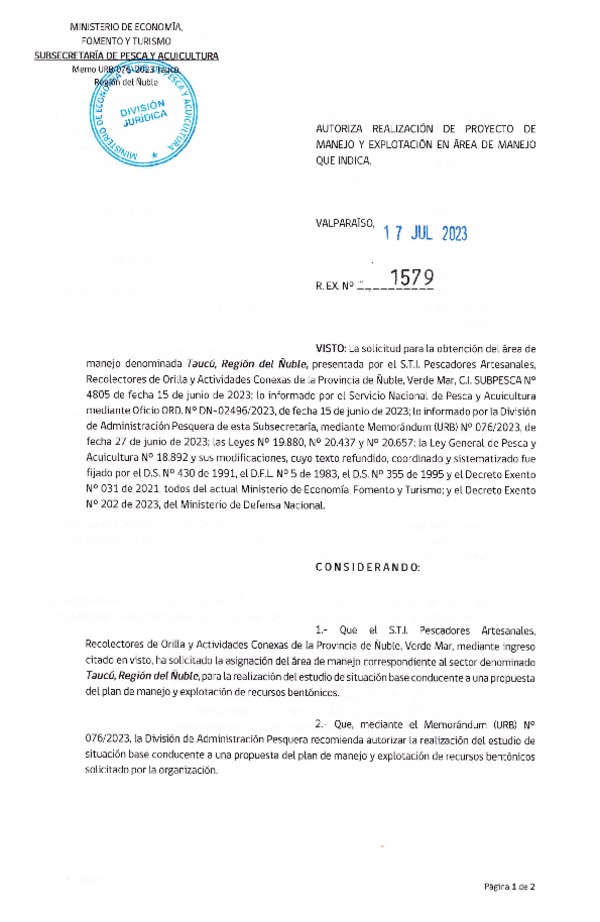 Res. Ex. N° 1579-2023 Autoriza Proyecto de Manejo. (Publicado en Página Web 18-07-2023)