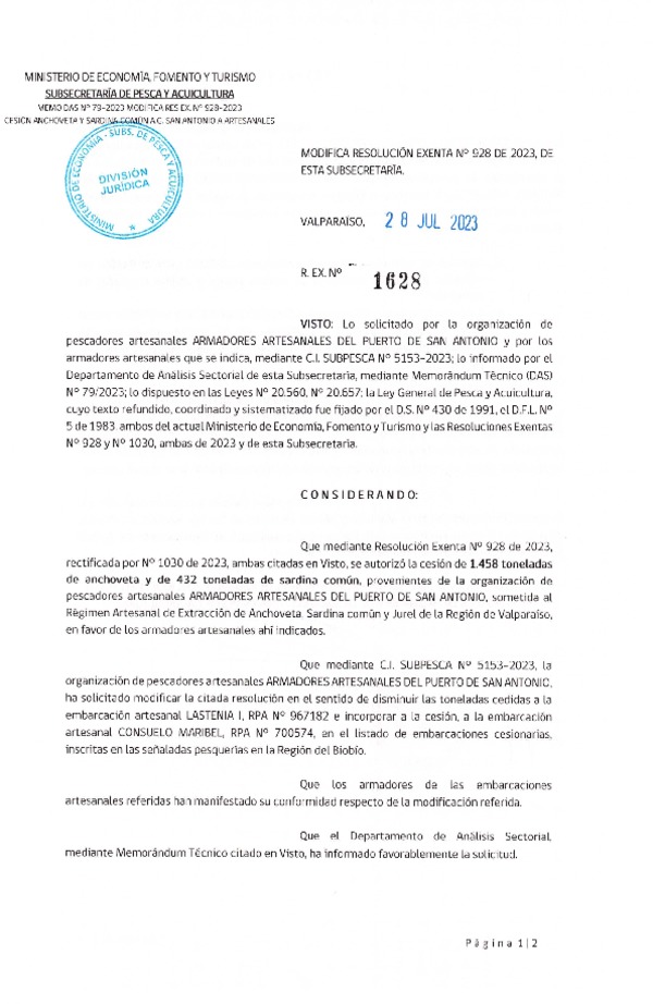 Res. Ex. N° 1628-2023 Modifica Res. Ex N° 0928-2023, Autoriza cesión Anchoveta y Sardina Común Región de Valparaíso a Ñuble-Biobío. (Publicado en Página Web 28-07-2023).