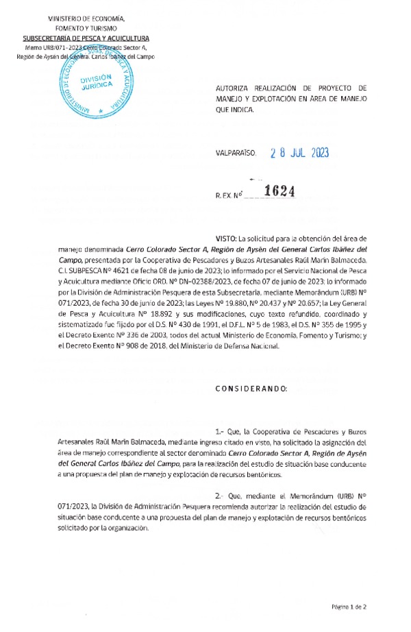 Res. Ex. N° 1624-2023 Autoriza Realización de Proyecto de Manejo. (Publicado en Página Web 28-07-2023)