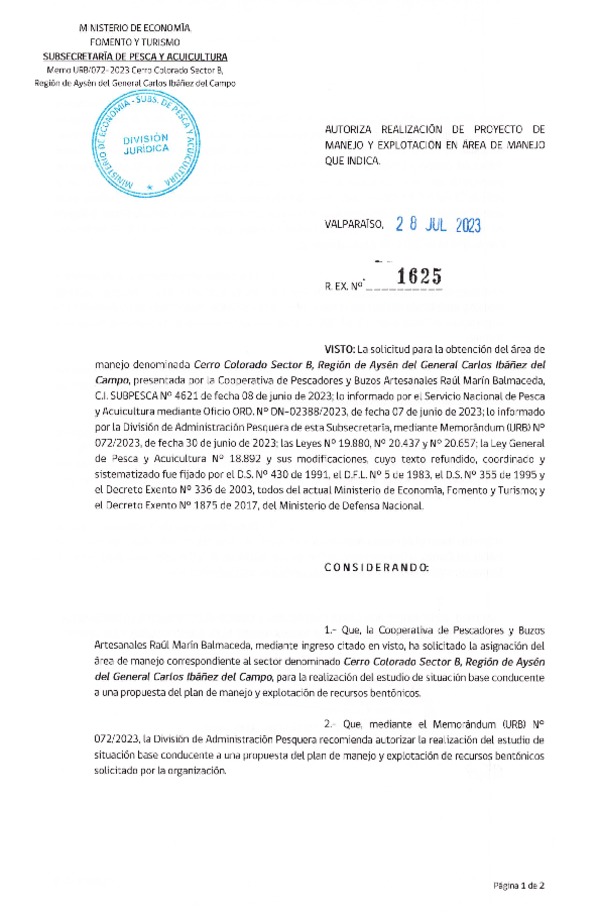 Res. Ex. N° 1625-2023 Autoriza Realización de Proyecto de Manejo. (Publicado en Página Web 28-07-2023)