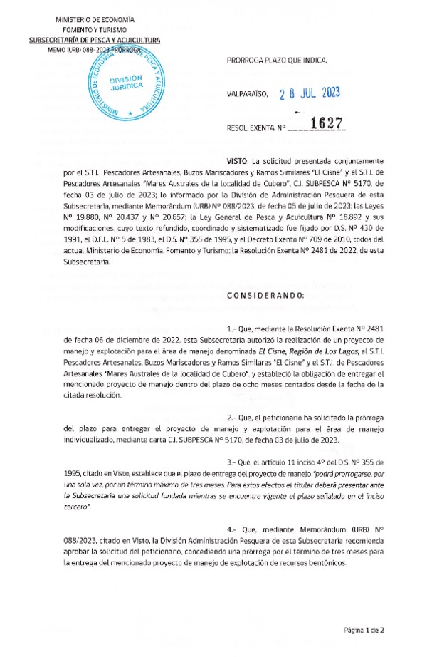 Res. Ex. N° 1627-2023 Prorroga Plan de Manejo. (Publicado en Página Web 28-07-2023)