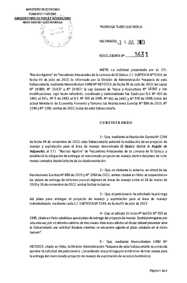 Res. Ex. N° 1631-2023 Autoriza acción de Manejo. (Publicado en Página Web 02-08-2023)