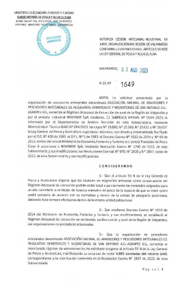 Res. Ex N° 1649-2023, Autoriza Cesión de Jurel Región de Valparaíso. (Publicado en Página Web 03-08-2023).