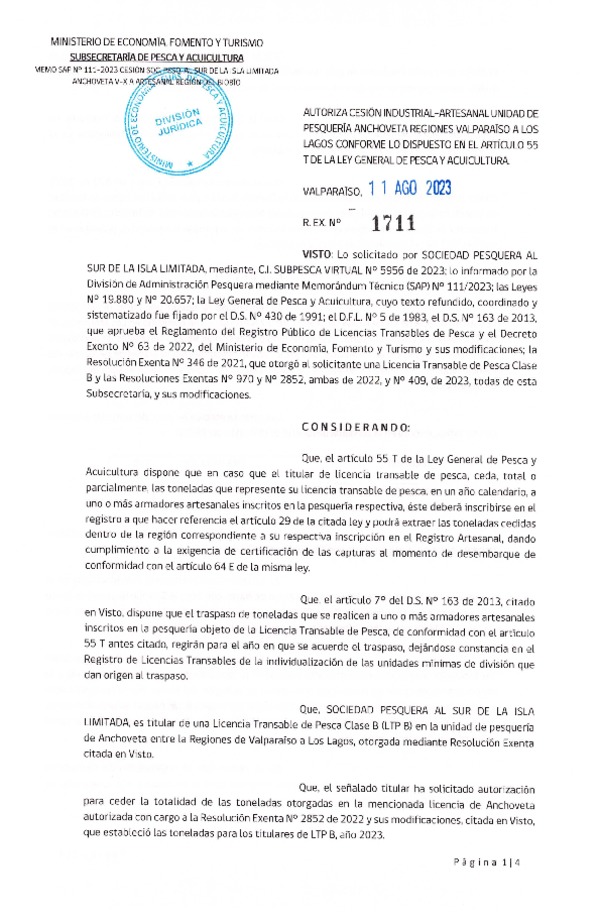Res. Ex. N° 1711-2023, Autoriza Cesión Anchoveta, Regiones de Valparaíso de Los Lagos. (Publicado en Página Web 14-08-2023)