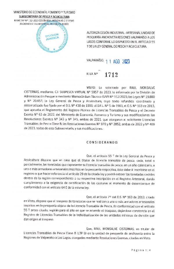 Res. Ex. N° 1712-2023, Autoriza Cesión Anchoveta, Regiones de Valparaíso de Los Lagos. (Publicado en Página Web 14-08-2023)