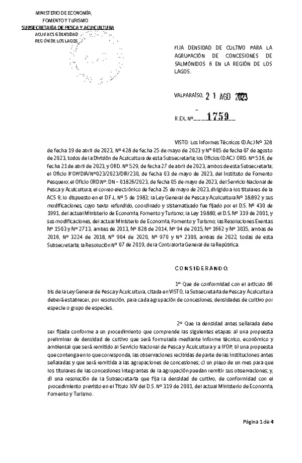 Res. Ex. N° 1759-2023 Fija densidad de cultivo para la agrupación de concesiones de salmónidos 6 en la Región de Los Lagos. (Con Informe Técnico) (ublicado en Página Web 25-08-2023)