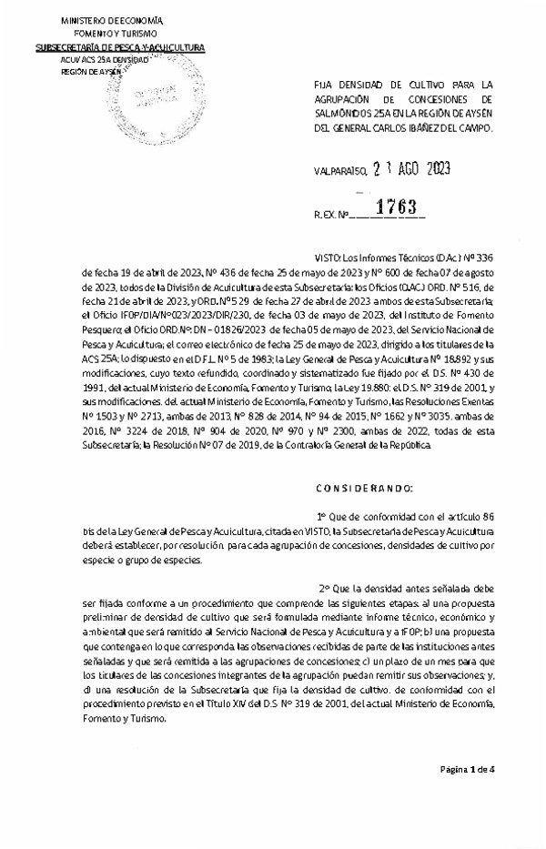 Res. Ex. N° 1763-2023 Fija densidad de cultivo para la agrupación de concesiones de salmónidos 25A en la Región de Aysén del General Carlos Ibañez del Campo. (Con Informe Técnico) (Publicado en Página Web 25-08-2023)