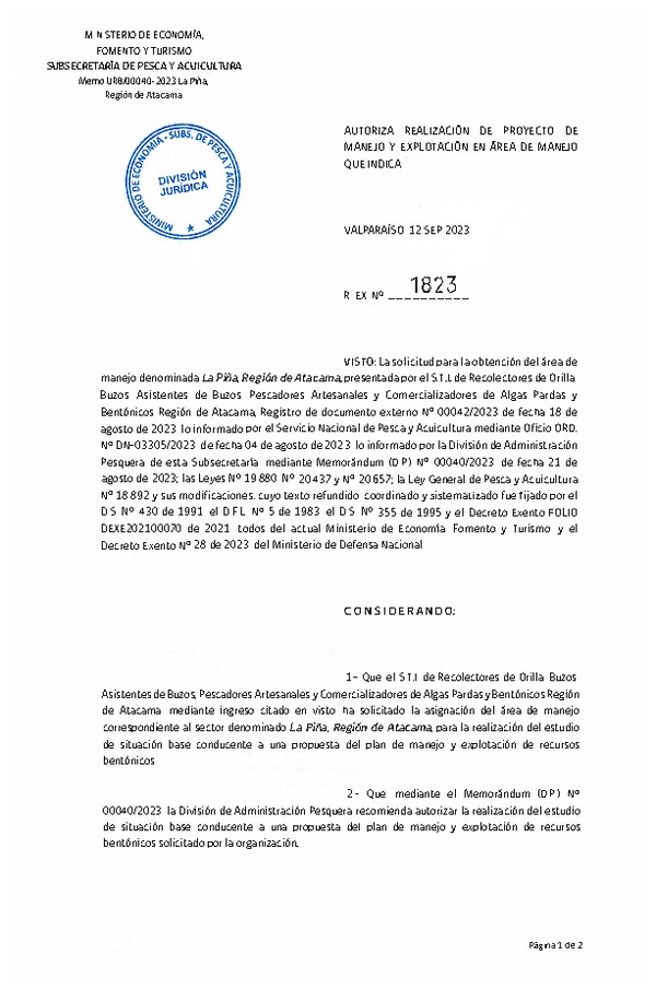 Res. Ex. N° 1823-2023 Autoriza Proyecto de Manejo. (Publicado en Página Web 13-09-2023)