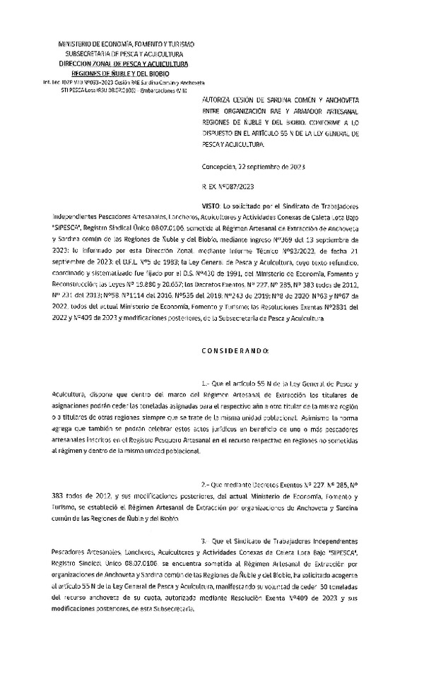 Res. Ex. N° 87-2023 (DZP VIII REG) Autoriza cesión Sardina común y anchoveta. (Publicado en Pagina Web 25-09-2023).