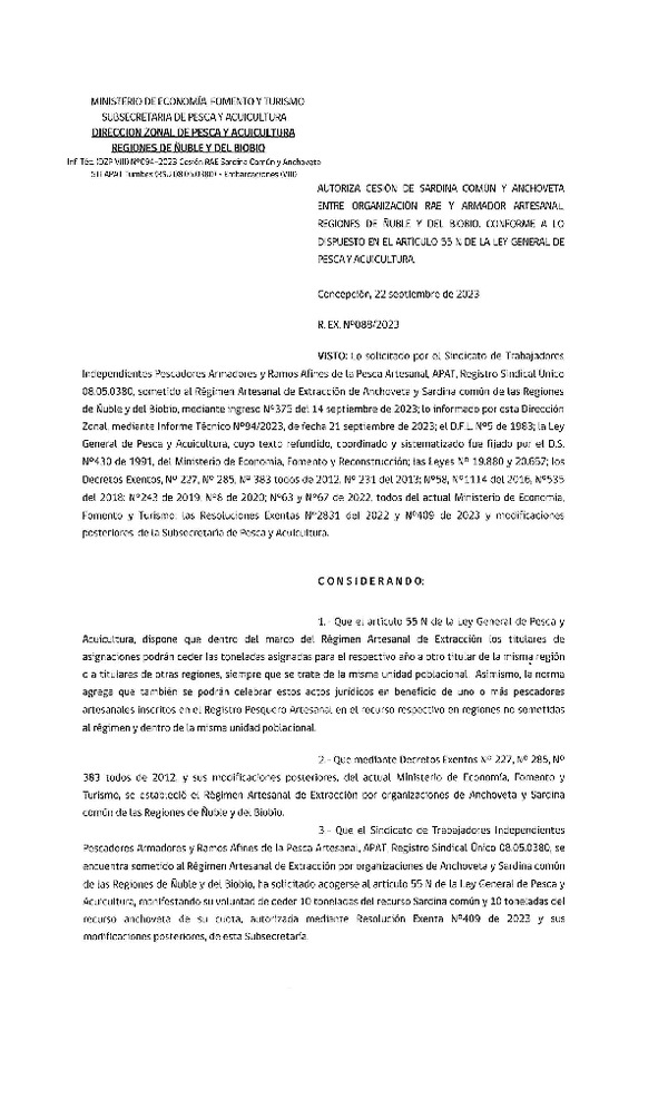 Res. Ex. N° 88-2023 (DZP VIII REG) Autoriza cesión Sardina común y anchoveta. (Publicado en Pagina Web 25-09-2023).