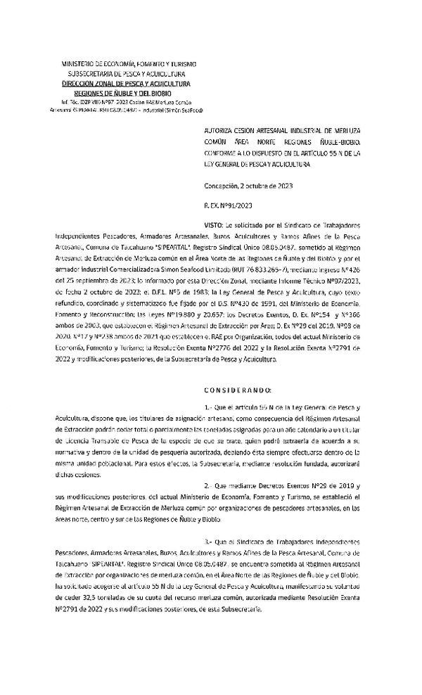 Res. Ex. N° 091-2023 (DZP Ñuble y del Biobío) Autoriza cesión Merluza Común. (Publicado en Página Web 03-10-2023)