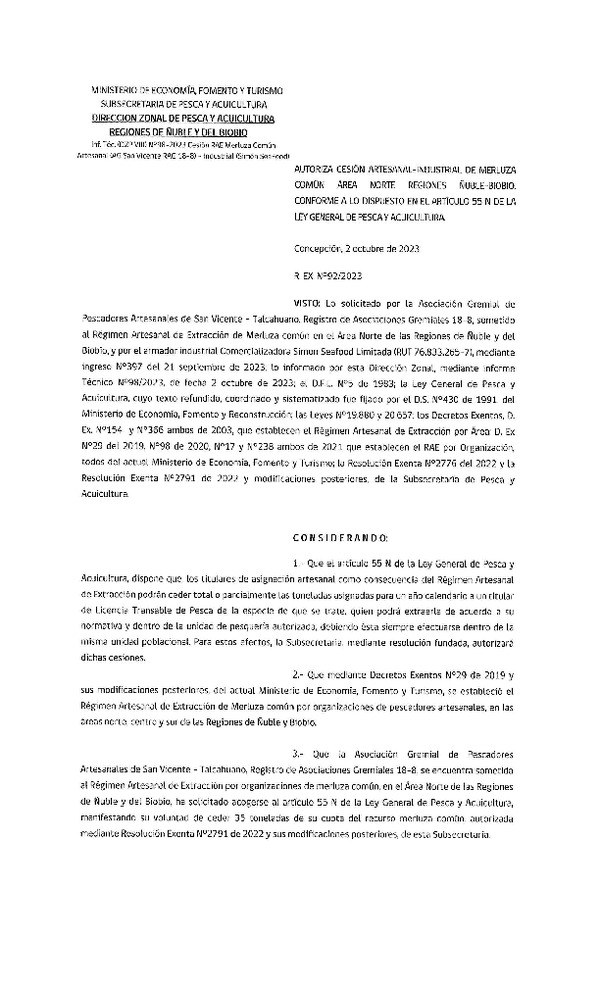 Res. Ex. N° 92-2023 (DZP Ñuble-Biobío) Autoriza cesión Sardina común y anchoveta. (Publicado en Pagina Web 10-10-2023).