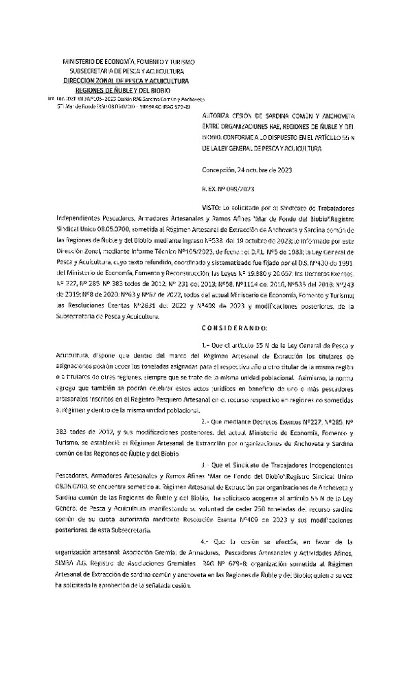 Res. Ex. N° 099-2023 (DZP Ñuble-Biobío) Autoriza cesión Sardina común y anchoveta. (Publicado en Pagina Web 25-10-2023).