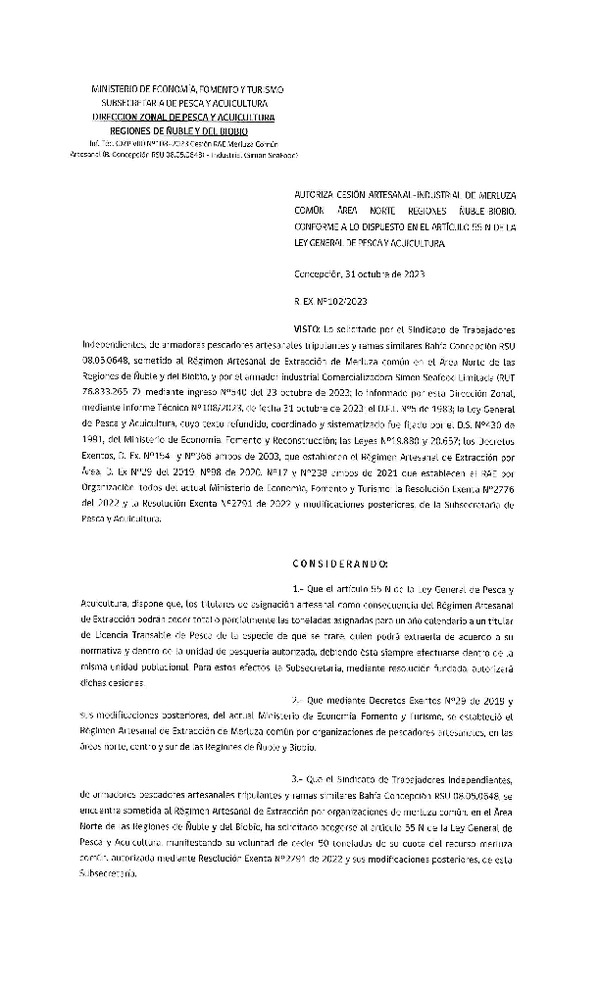 Res. Ex. N° 102-2023 (DZP Ñuble y del Biobío) Autoriza cesión Merluza Común. (Publicado en Página Web 02-11-2023)