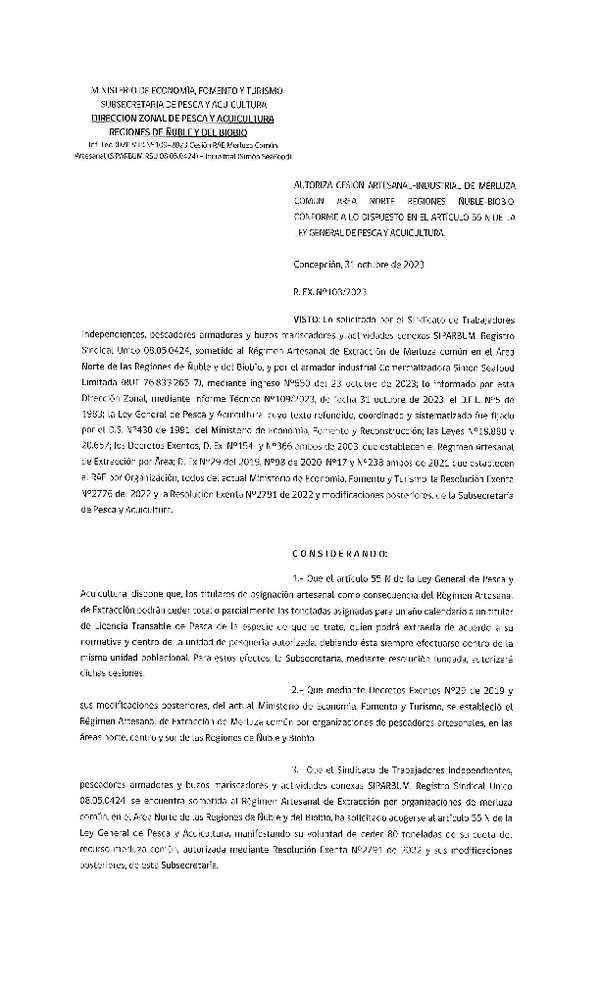 Res. Ex. N° 103-2023 (DZP Ñuble y del Biobío) Autoriza cesión Merluza Común. (Publicado en Página Web 02-11-2023)