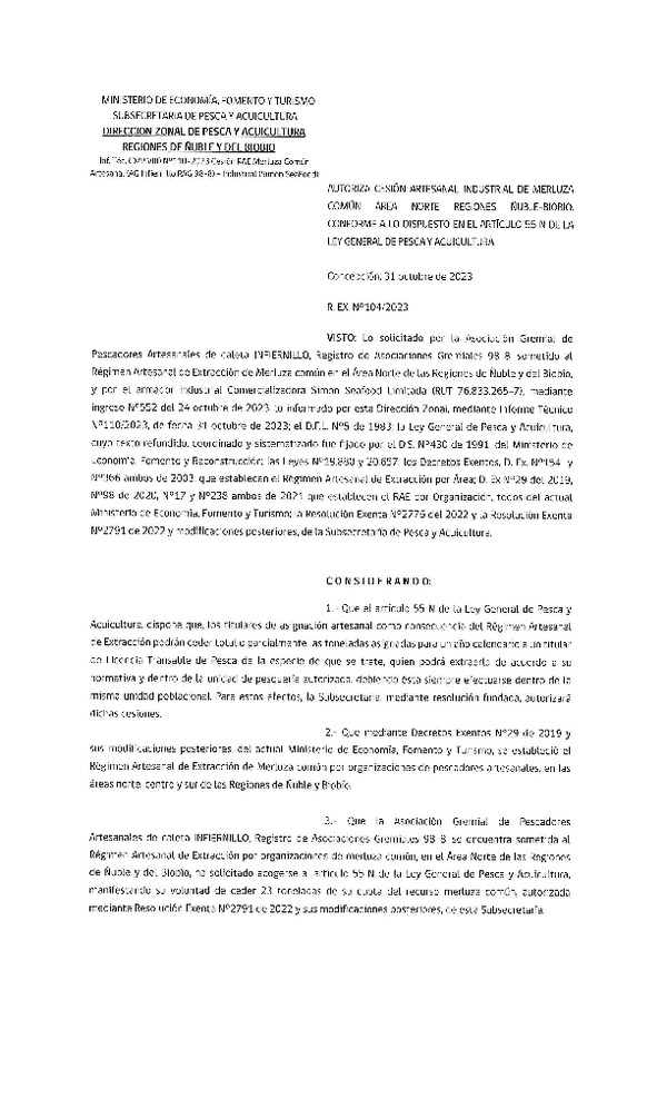 Res. Ex. N° 104-2023 (DZP Ñuble y del Biobío) Autoriza cesión Merluza Común. (Publicado en Página Web 02-11-2023)