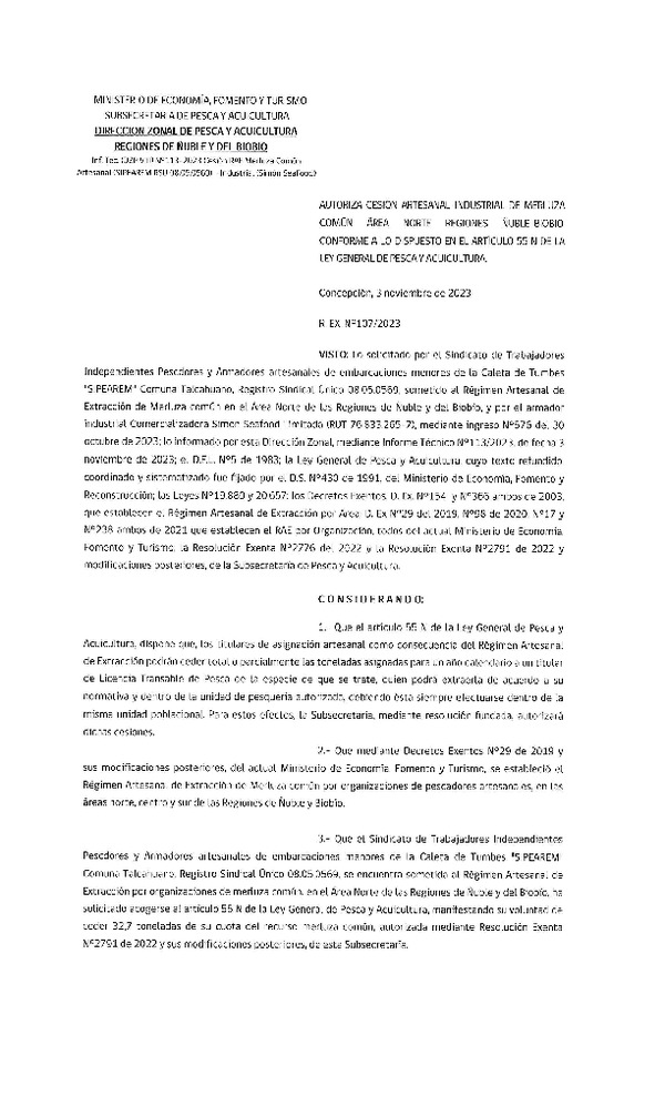 Res. Ex. N° 107-2023 (DZP Ñuble y del Biobío) Autoriza cesión Merluza Común. (Publicado en Página Web 06-11-2023)