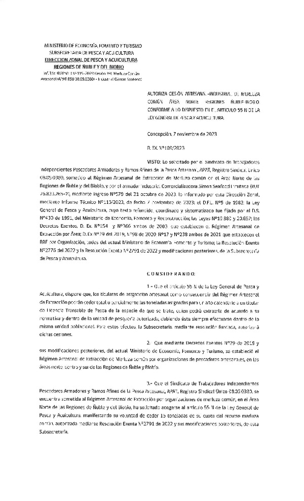 Res. Ex. N° 109-2023 (DZP Ñuble y del Biobío) Autoriza cesión Merluza Común. (Publicado en Página Web 08-11-2023)