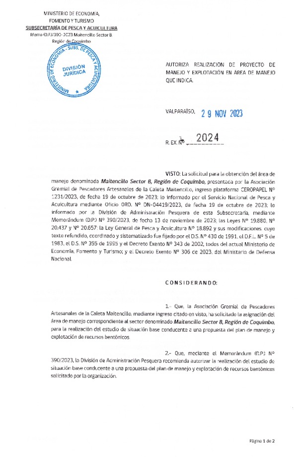 Res. Ex. N° 2024-2023 Autoriza Proyecto de Manejo y explotación en Área de Manejo que Indica. (Publicado en Página Web 30-11-2023)