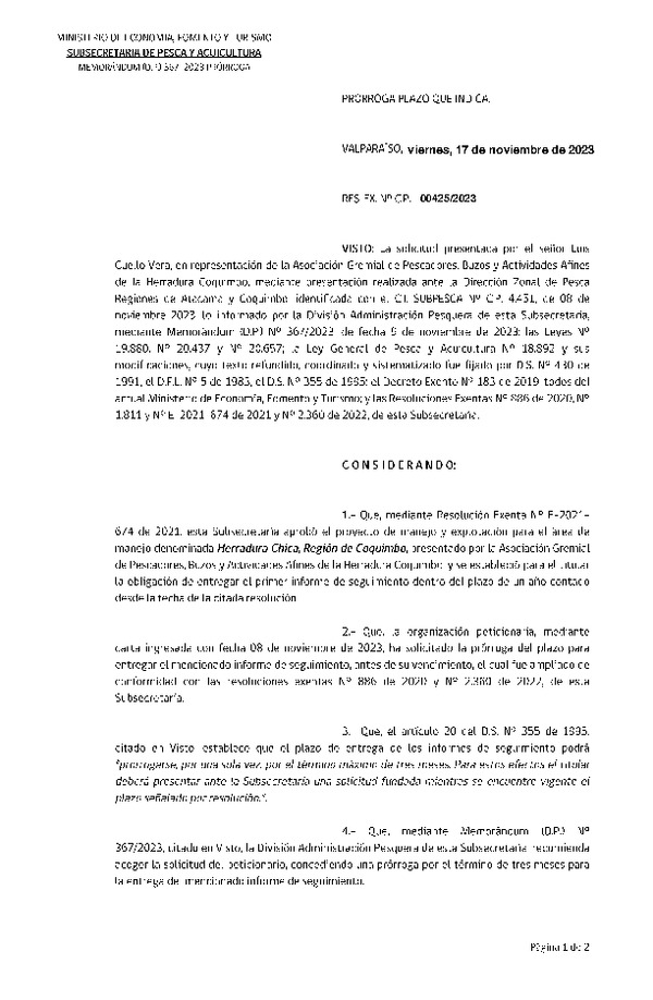 Res. Ex. CERO PAPEL N° 00425-2023 Prorroga Plazo que indica. (Publicado en Página Web 13-12-2023)
