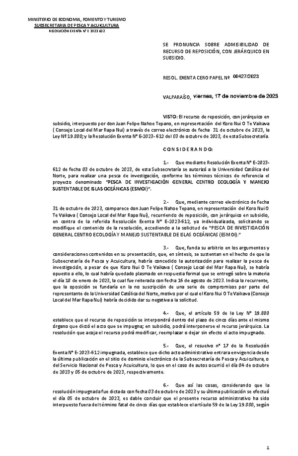 Res. Ex. CEROPAPEL N° 00427-2023 Se pronuncia sobre admisibilidad de recurso de reposición, con jerárquico en subsidio. (Publicado en Página Web 10-01-2024)