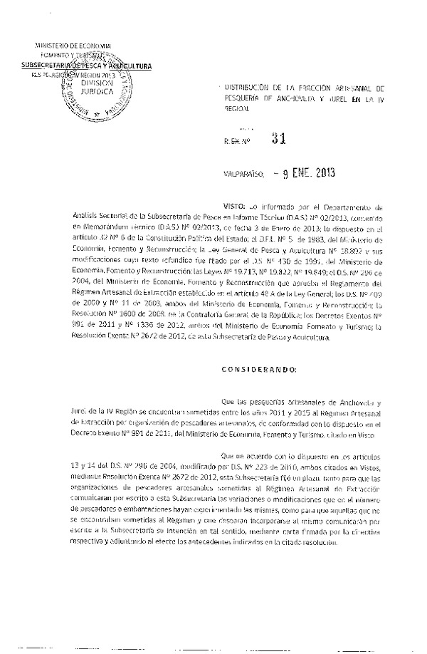 R EX 31-2013 Distribución de la Fracción Artesanal de Anchoveta y Jurel IV Reg. (F.D.O. 16-01-2013)