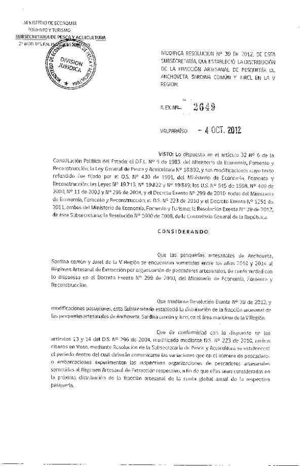 Resolución Nº 2649 de 2012, Modifica Resolución Nº 39 de 2012, Régimen Artesanal de Extracción Pelágicos V Región.