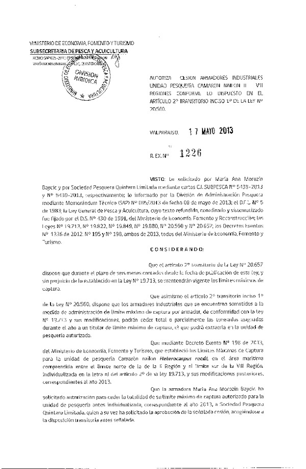 R EX Nº 1226-2013 Autoriza Cesión recurso Camarón nailon II-VIII Región.
