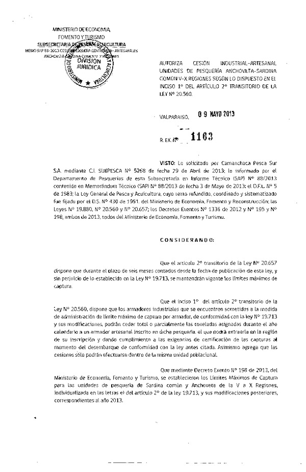 R EX Nº 1163-2013 Autoriza Cesión recurso Anchoveta y Sardina común V-X Región.