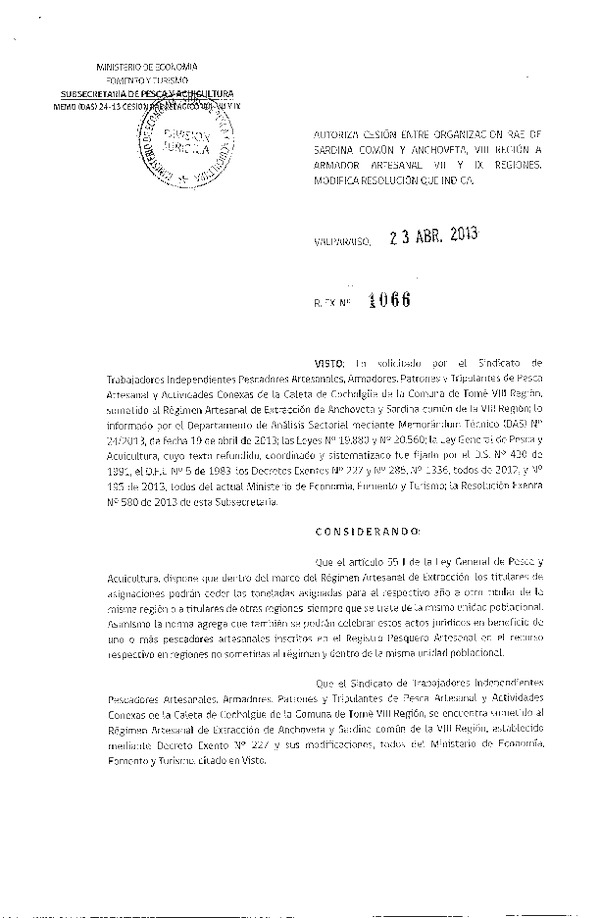 R EX Nº 1066-2013 Autoriza Cesión recurso Anchoveta y Sardina común VIII a VII y IX Región.