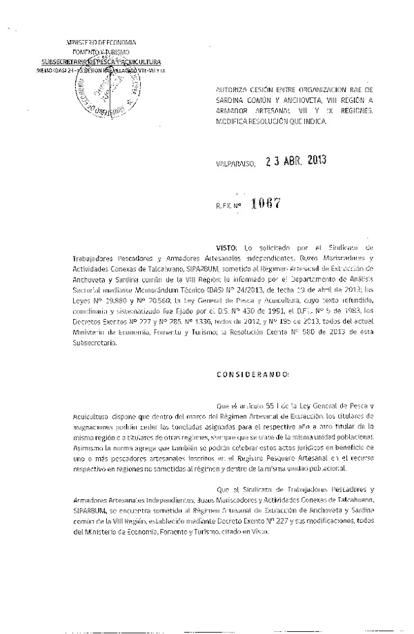 R EX Nº 1067-2013 Autoriza Cesión recurso Anchoveta y Sardina común VIII a VII y IX Región.
