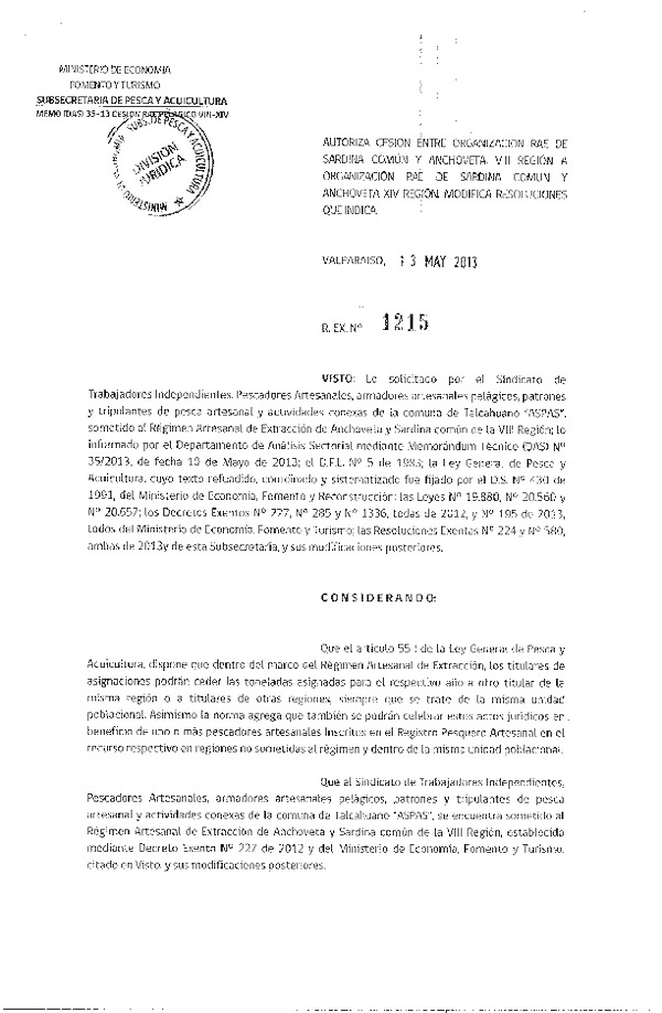 R EX Nº 1215-2013 Autoriza Cesión recurso Anchoveta y Sardina común VIII a XIV Región.