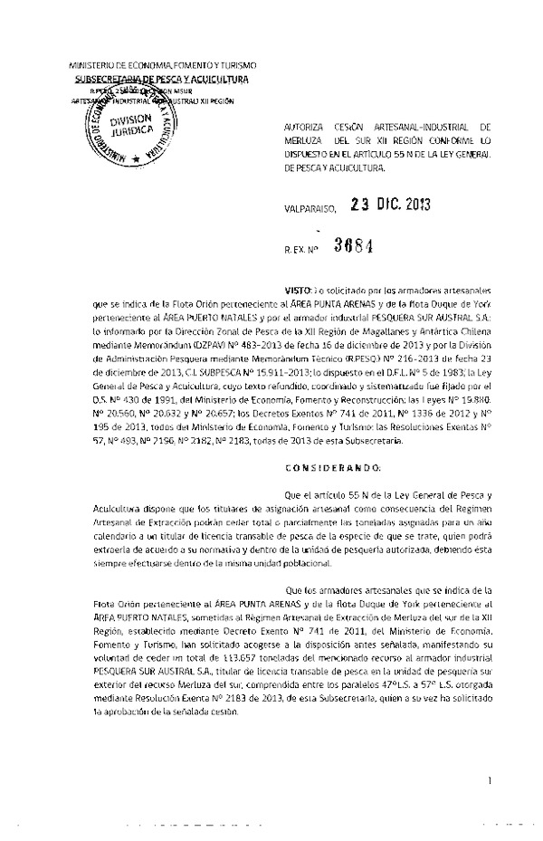 R EX Nº 3684-2013 Autoriza Cesión Recurso Merluza del sur, XII Región.